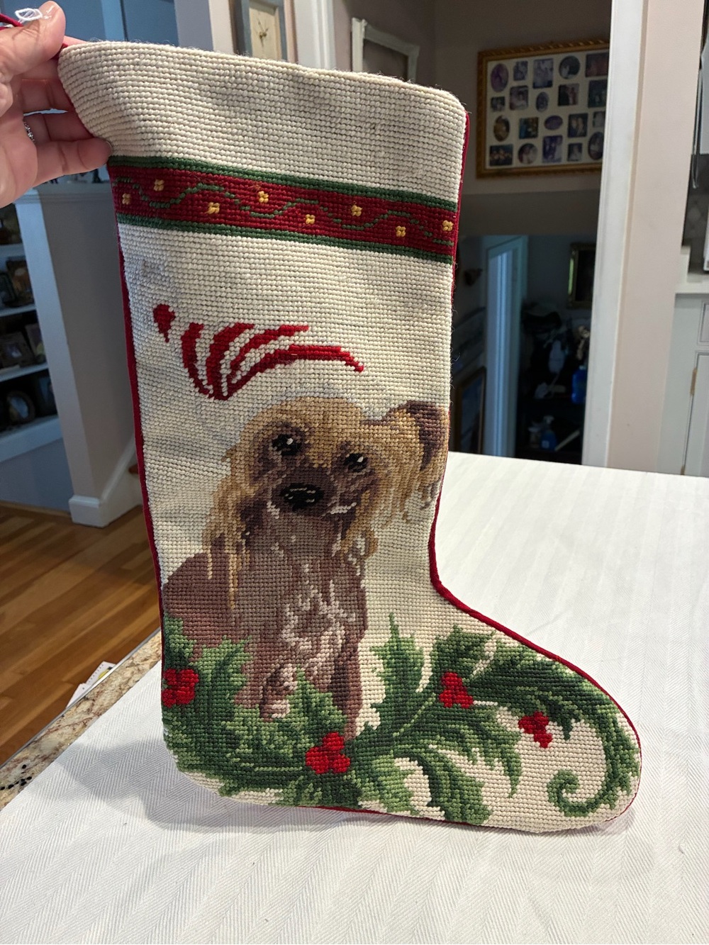 Christmas Needlepoint Puppy Stocking - Beige, Red & Green